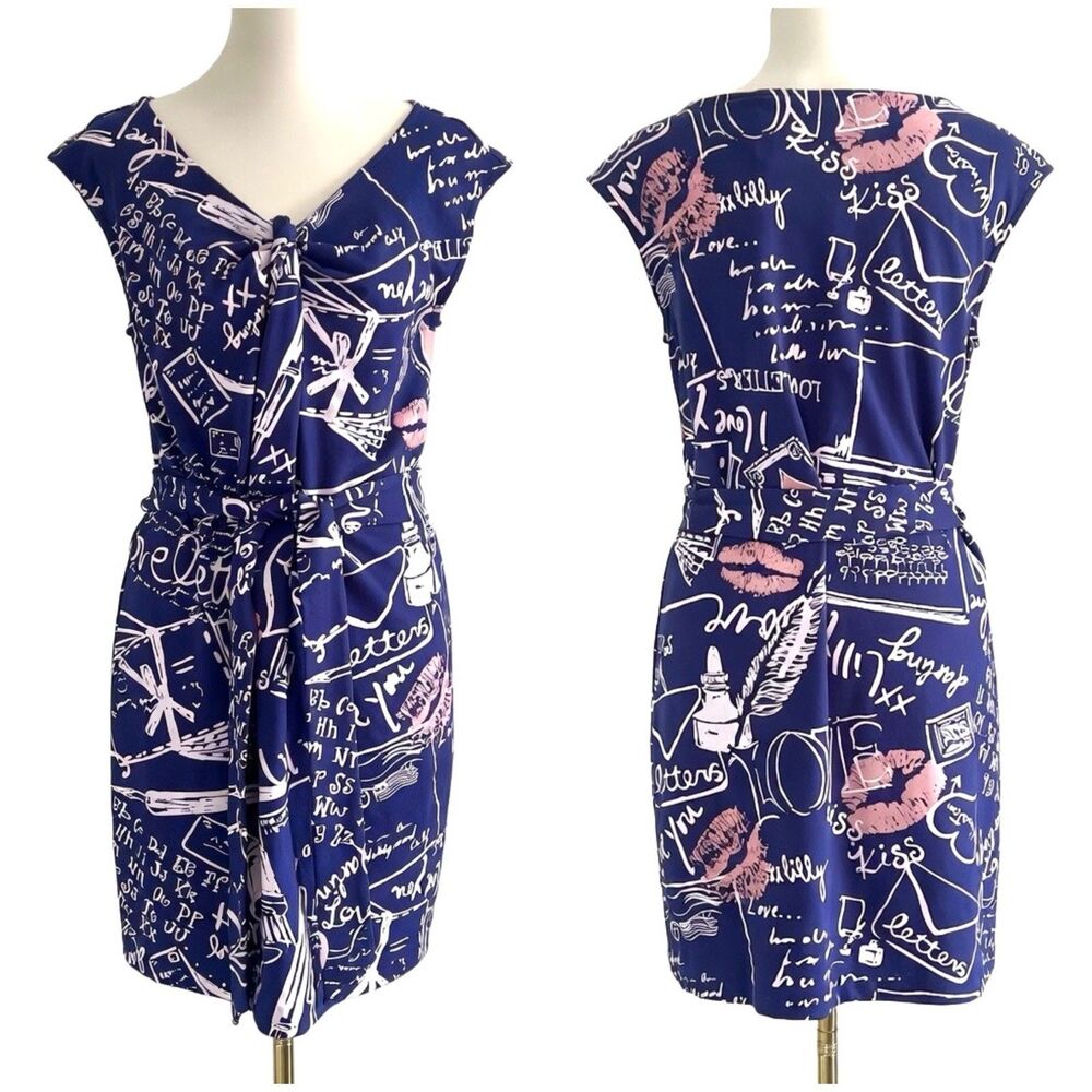 Lilly Pulitzer Jolie Navy Blue A-Line Belted Dress in Love Letters Print sz M